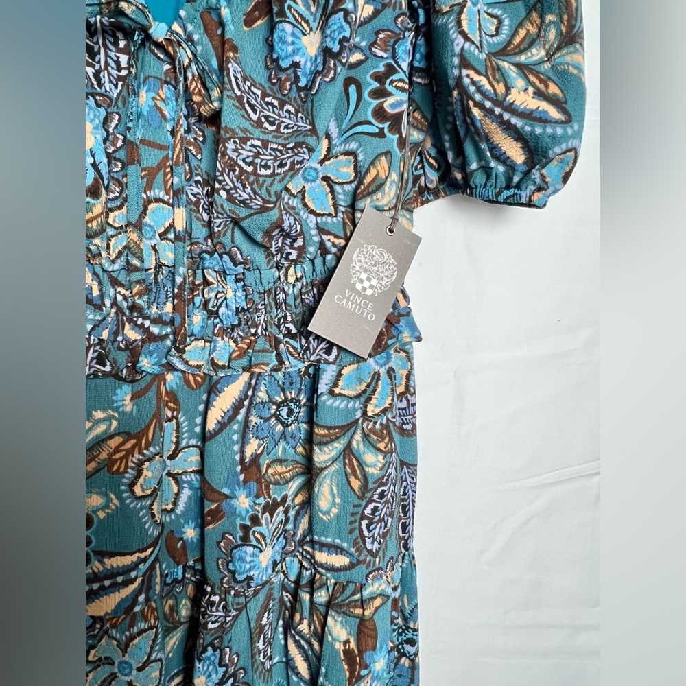 New! Vince Camuto Teal Floral Paisley Print Midi Dress - Picture 5 of 7